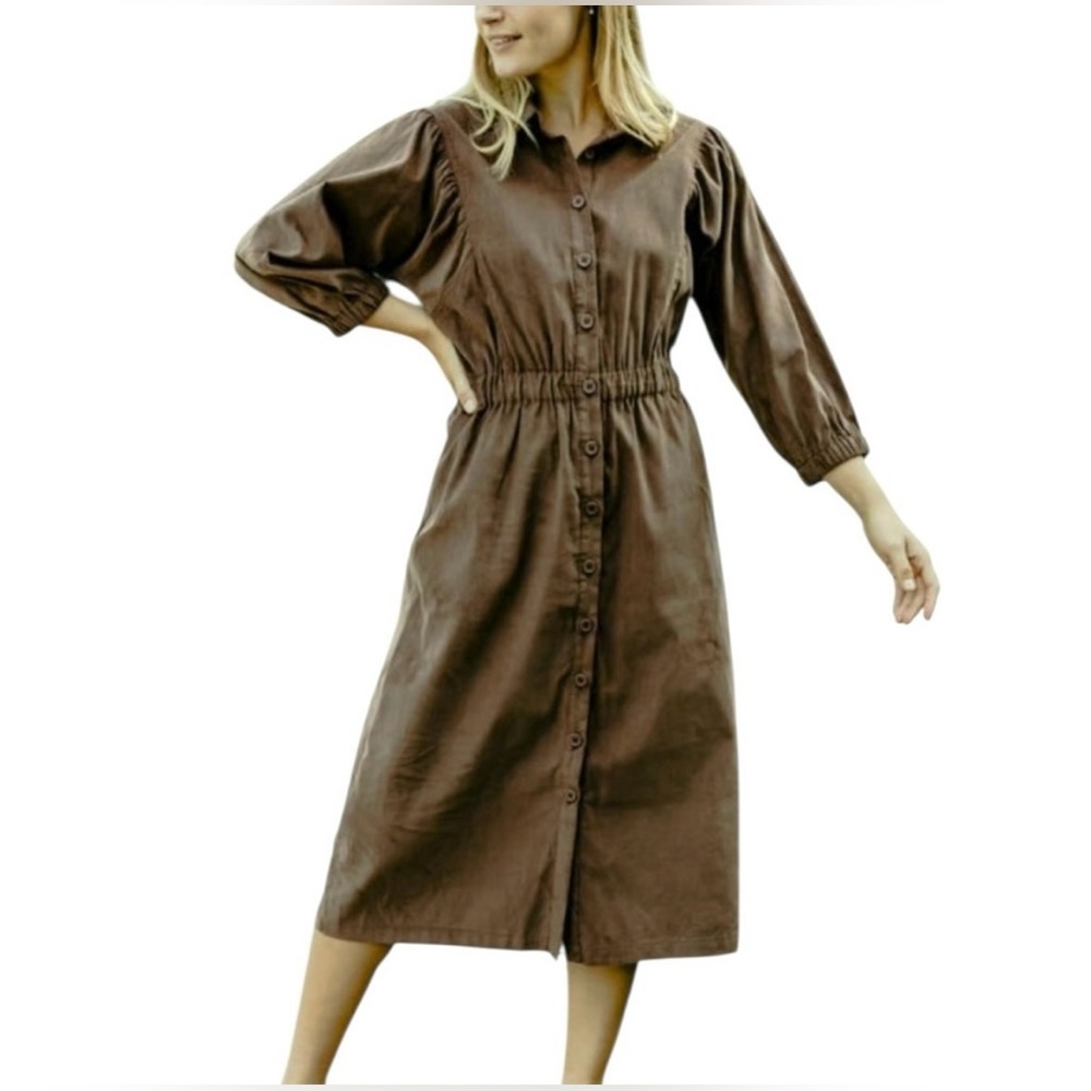 Neuflora Middleton Dress Olive Green soft thin Corduroy Midi Size S NWT